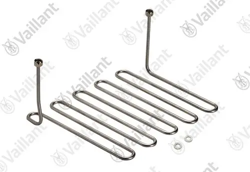 Vaillant Rohrschlange mit mehreren Biegungen, zwei Befestigungselementen und Dichtungen. Metallische Oberfläche, geeignet für Heizungsinstallation.